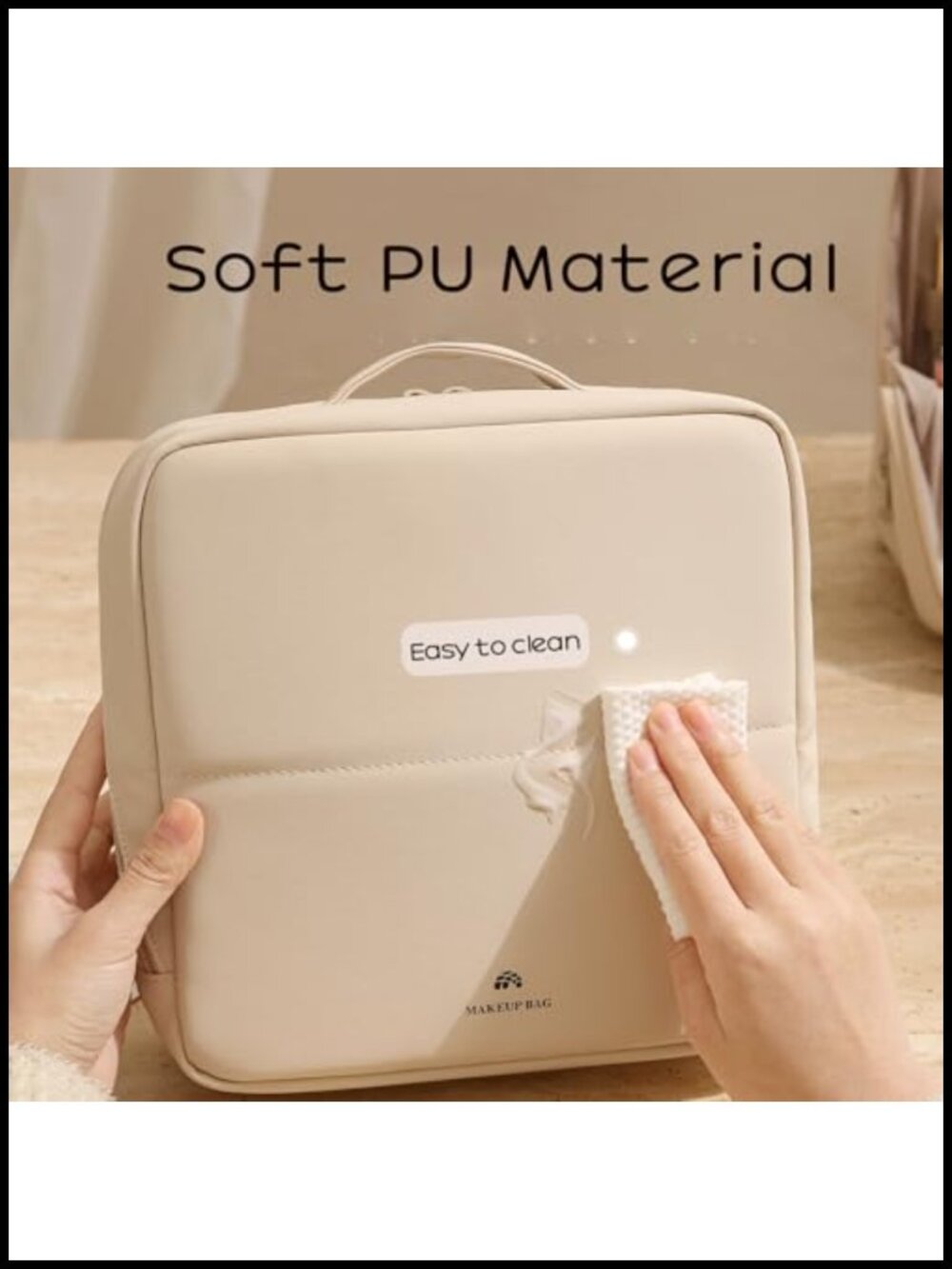 Foldable Magnetic Standing Makeup Bag With Phone Holder, Pu Leather Cosmetic View 5